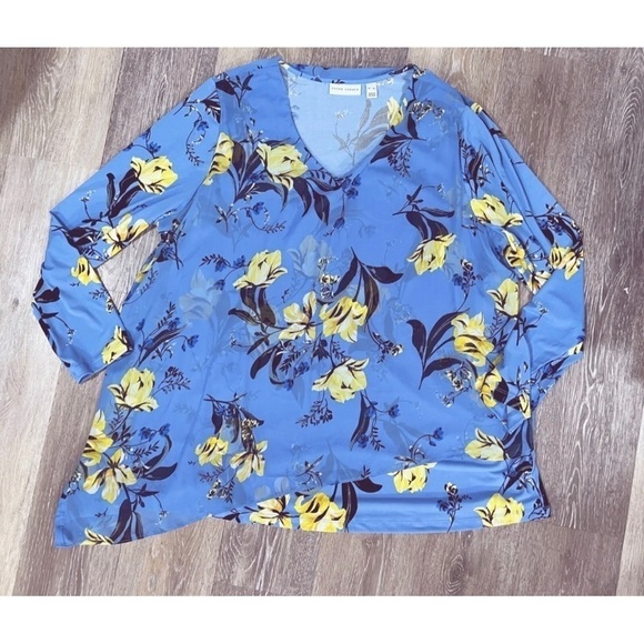 Susan Graver Womens Sz XL Blue Yellow Floral Print Layered Knit Tunic Top Blouse - Picture 10 of 11